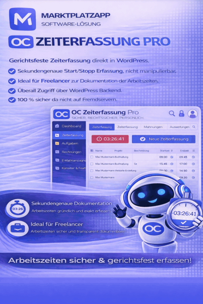 OCM Zeiterfassungtool – Freelancer-Zeiterfassung mit Start/Stopp, Export & unveränderlichen Einträgen