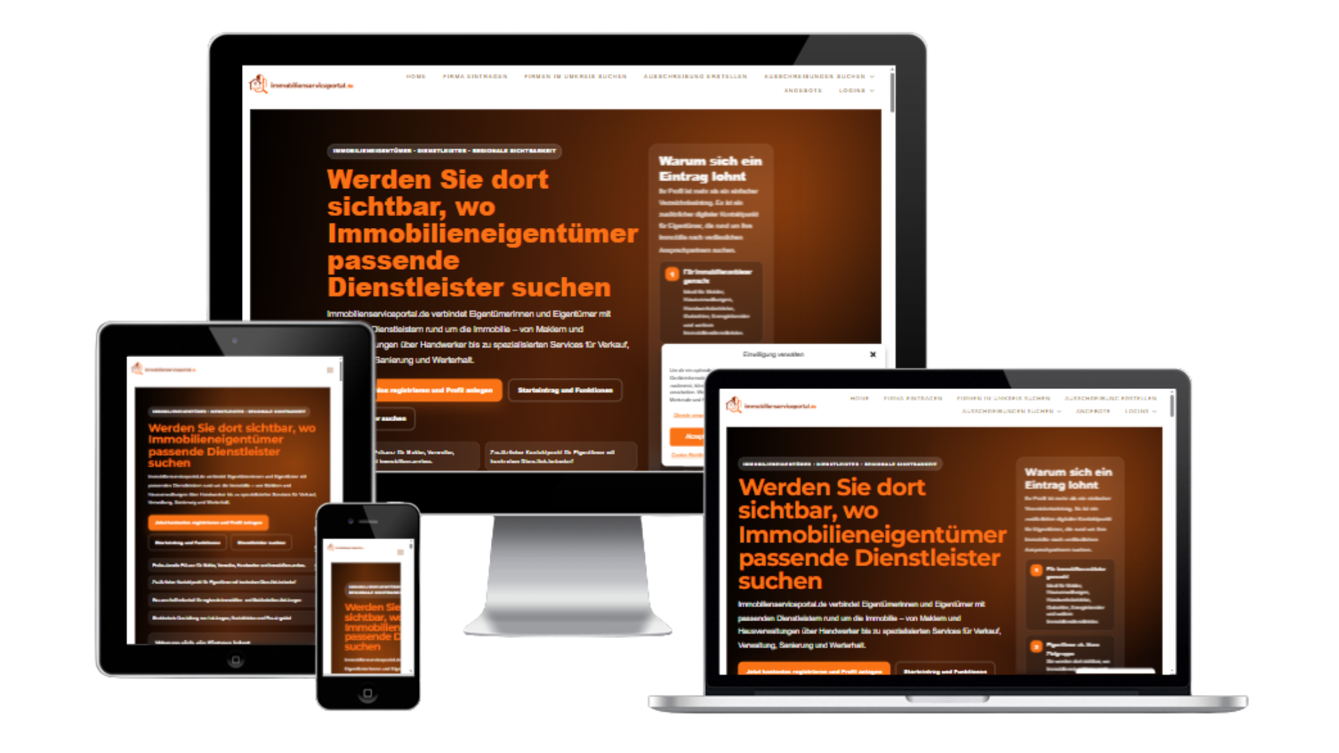 Immobilienserviceportal als responsive Vorschau auf verschiedenen Geräten